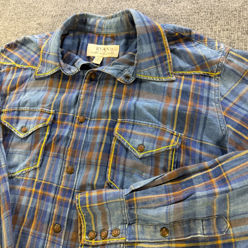 Ryan Michael Mens Blue Brown Plaid Western Snap Shirt XL Cotton Faded Cowboy